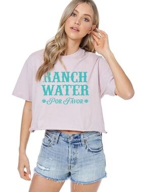 White Crop Top with Teal 'Ranch Water Por Favor' Graphic